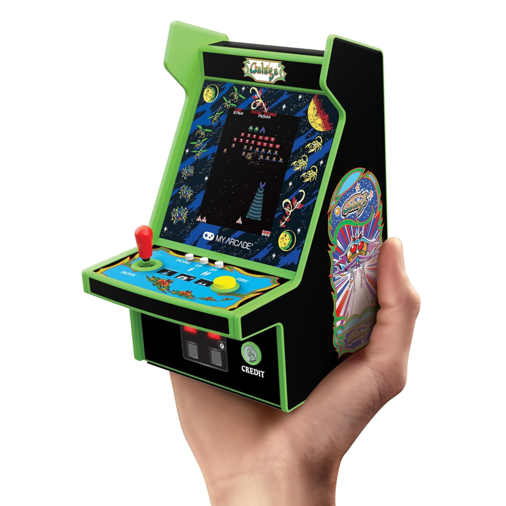 mini consola verticala galaga myarcade, micro player pro 6.7 inches, grafica originala, display 2.75 inch, iluminare ajustabila, difuzor extern, adaptor casti, potrivit pentru game rooms si colectionari, tinut in mana