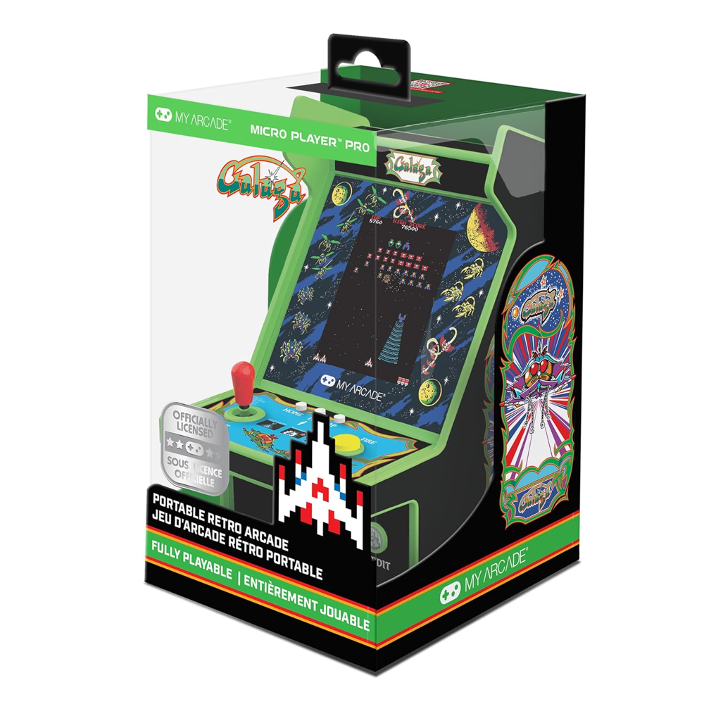 mini consola verticala galaga myarcade, micro player pro 6.7 inches, grafica originala, display 2.75 inch, iluminare ajustabila, difuzor extern, adaptor casti, potrivit pentru game rooms si colectionari, cutie prezentare