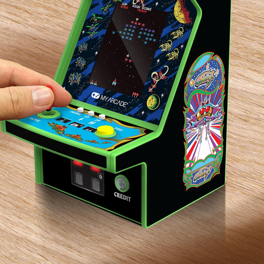 mini consola verticala galaga myarcade, micro player pro 6.7 inches, grafica originala, display 2.75 inch, iluminare ajustabila, difuzor extern, adaptor casti, potrivit pentru game rooms si colectionari, operare cu degetul