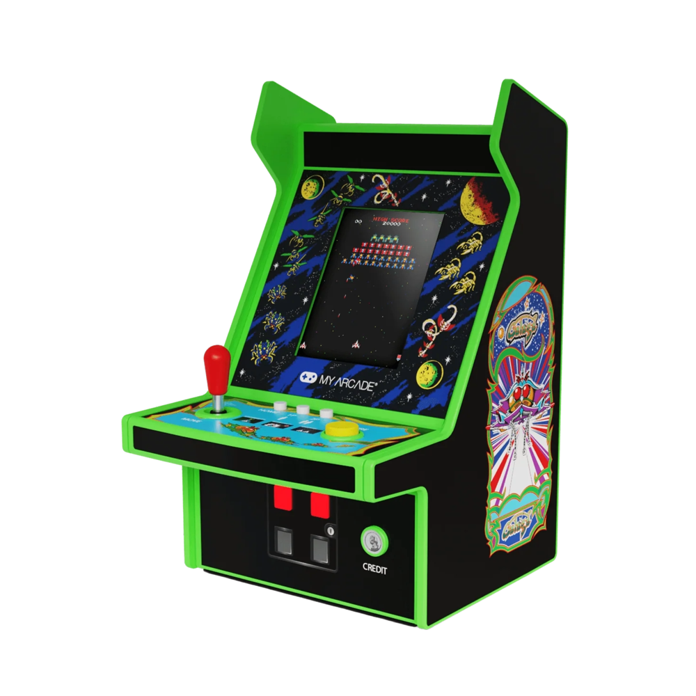 mini consola verticala galaga myarcade, micro player pro 6.7 inches, grafica originala, display 2.75 inch, iluminare ajustabila, difuzor extern, adaptor casti, potrivit pentru game rooms si colectionari, multicolor