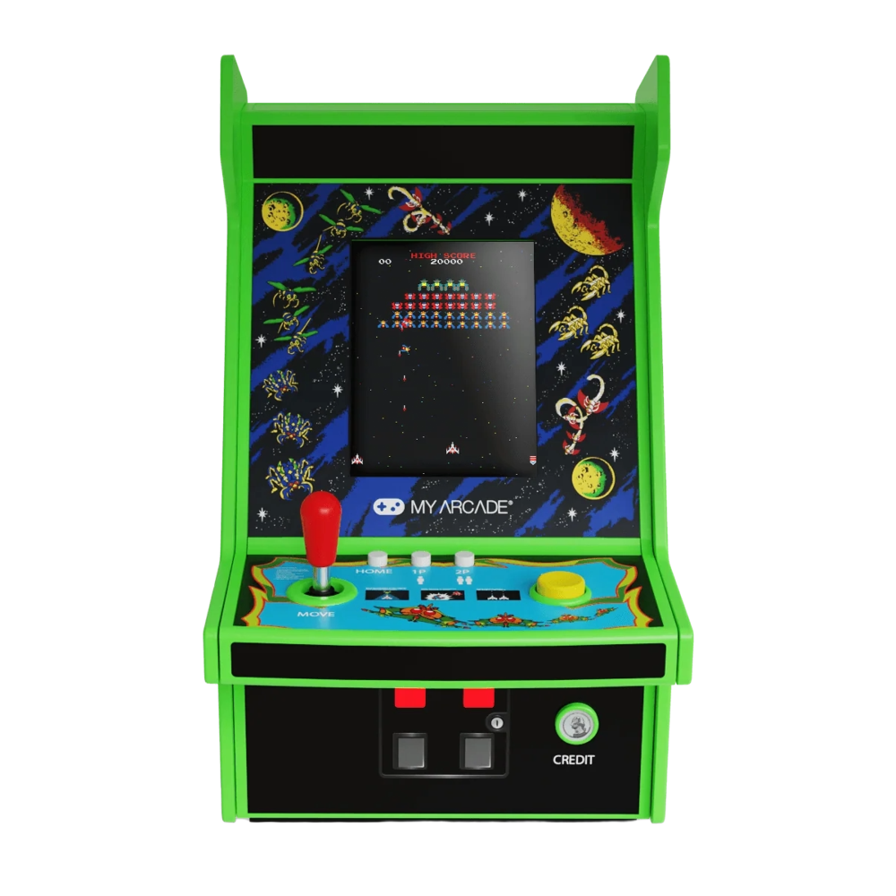 mini consola verticala galaga myarcade, micro player pro 6.7 inches, grafica originala, display 2.75 inch, iluminare ajustabila, difuzor extern, adaptor casti, potrivit pentru game rooms si colectionari, cadru frontal