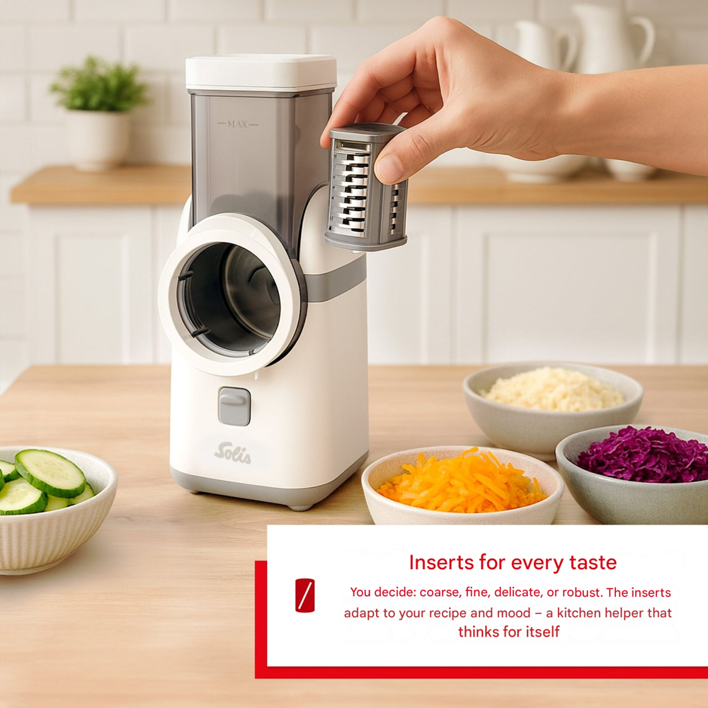 razatoare electrica 5in1 solis, multislicer, 5 lame pentru feliere fina, grosiera si ondulata, maruntire, razuire, componente detasabile, piese lavabile la masina de spalat vase, intuitiv, compact, produs pe blatul din bucatarie