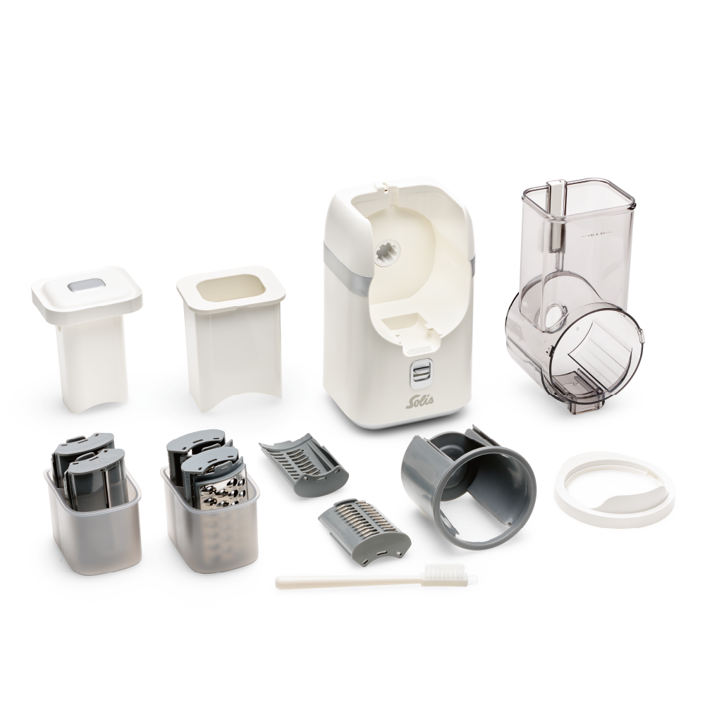 razatoare electrica 5in1 solis, multislicer, 5 lame pentru feliere fina, grosiera si ondulata, maruntire, razuire, componente detasabile, piese lavabile la masina de spalat vase, intuitiv, compact, accesorii incluse la produs