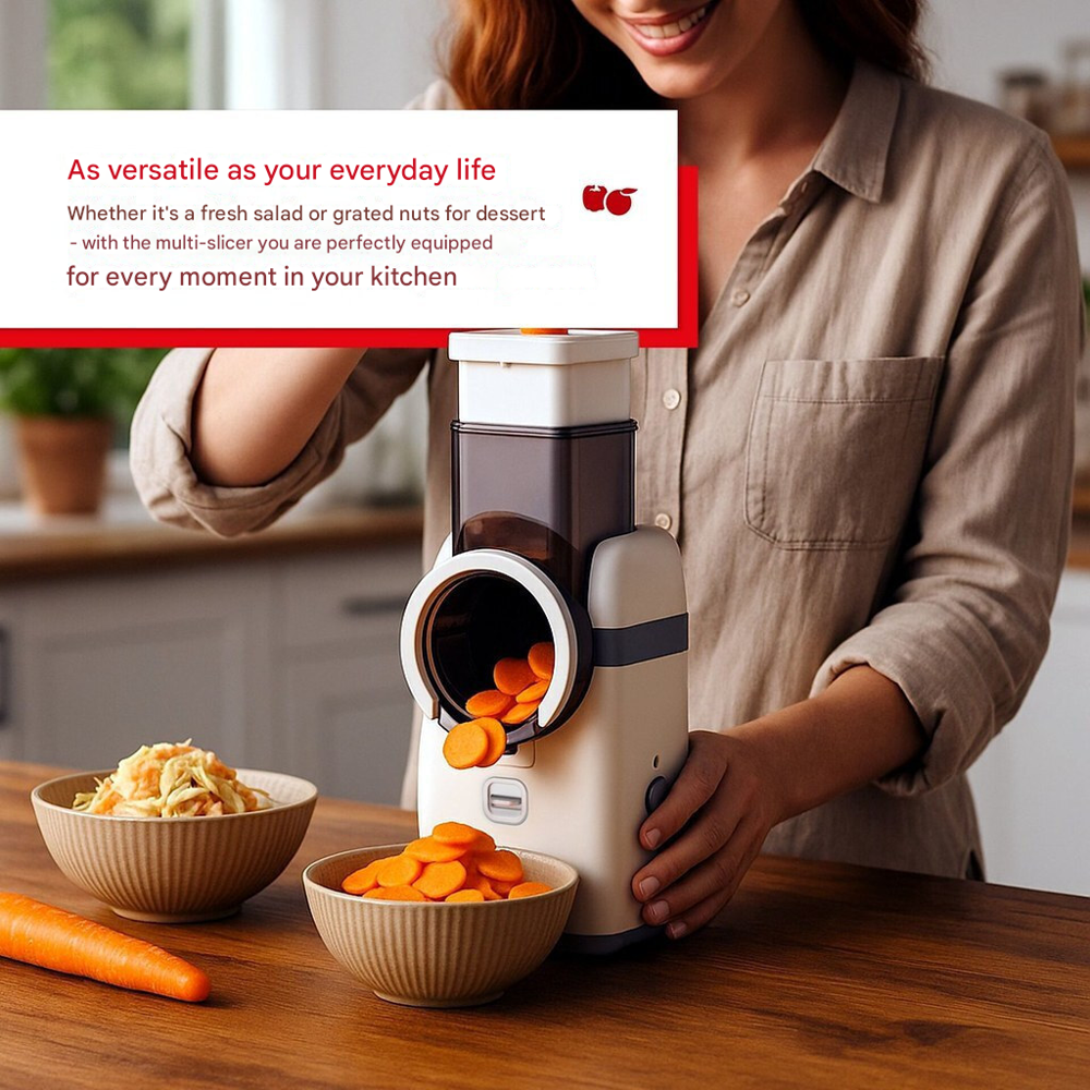 razatoare electrica 5in1 solis, multislicer, 5 lame pentru feliere fina, grosiera si ondulata, maruntire, razuire, componente detasabile, piese lavabile la masina de spalat vase, intuitiv, compact, razuit morcov in bucatarie