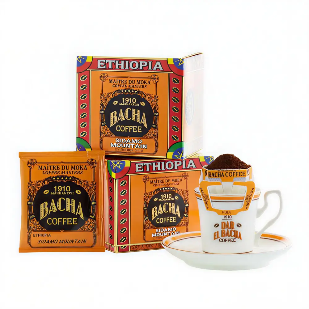 set 12 plicuri cafea premium, drip coffee, bacha coffee, sidamo mountain, bag box