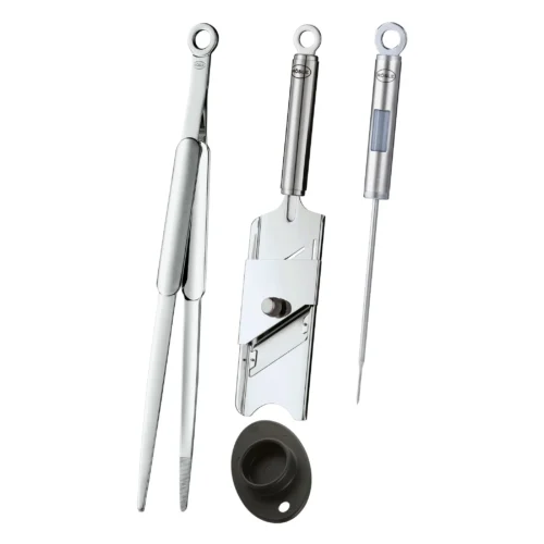 set 3 ustensile de gatit din otel inoxidabil, rosle, gourmet, feliator de mana, cleste tip penseta, termometru culinar, inox