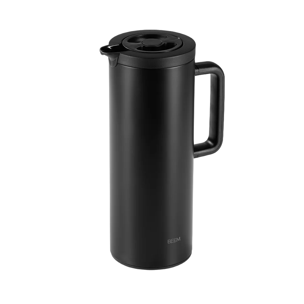 termos tip carafa beem, thermaljug, capacitate 1 litru, mentine lichidele fierbinti si reci pana la 12 ore, design modern si minimalist, protectie impotriva scurgerilor, ideal camping, picnix, birou, negru mat