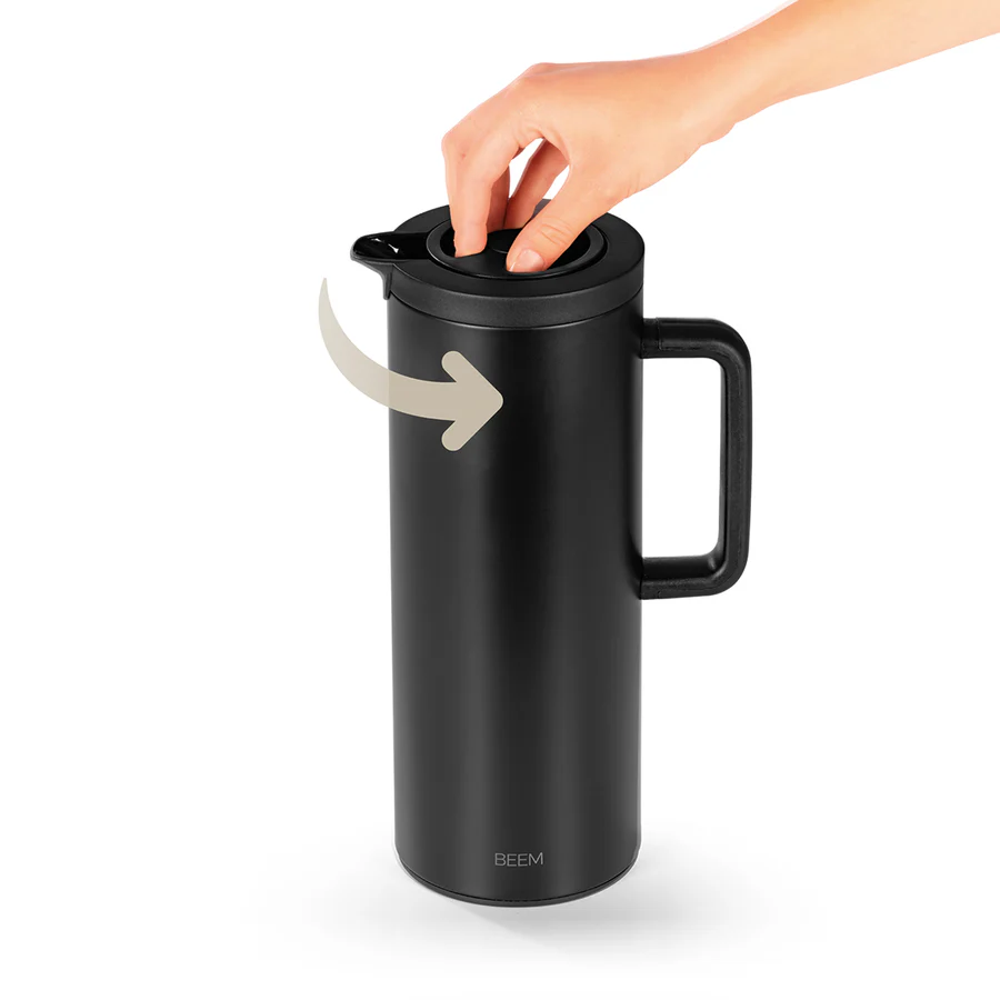 termos tip carafa beem, thermaljug, capacitate 1 litru, mentine lichidele fierbinti si reci pana la 12 ore, design modern si minimalist, protectie impotriva scurgerilor, ideal camping, picnix, birou, rotit capac