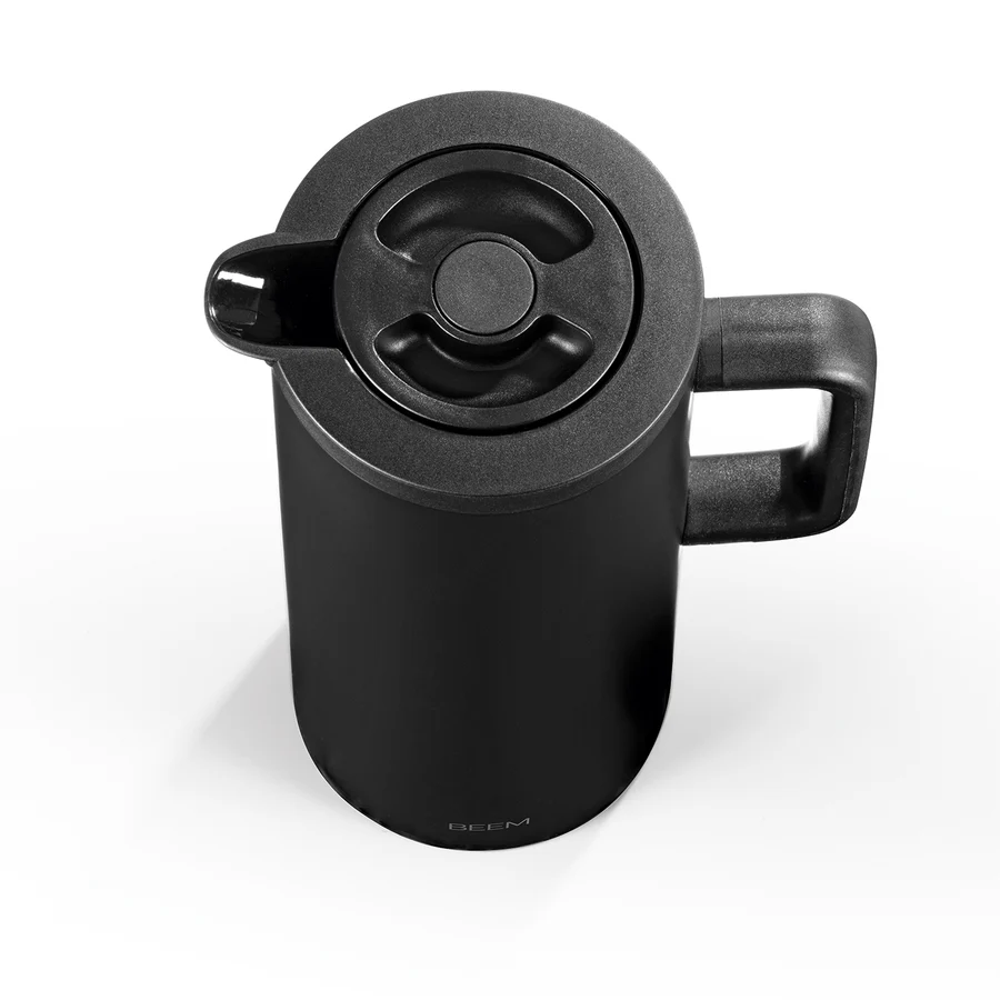 termos tip carafa beem, thermaljug, capacitate 1 litru, mentine lichidele fierbinti si reci pana la 12 ore, design modern si minimalist, protectie impotriva scurgerilor, ideal camping, picnix, birou, produs vazut de sus