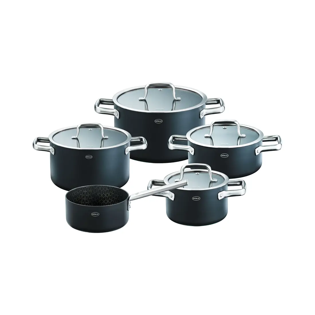 set vase de gatit, otel inoxidabil, 5 piese, rosle, ebonic, negru