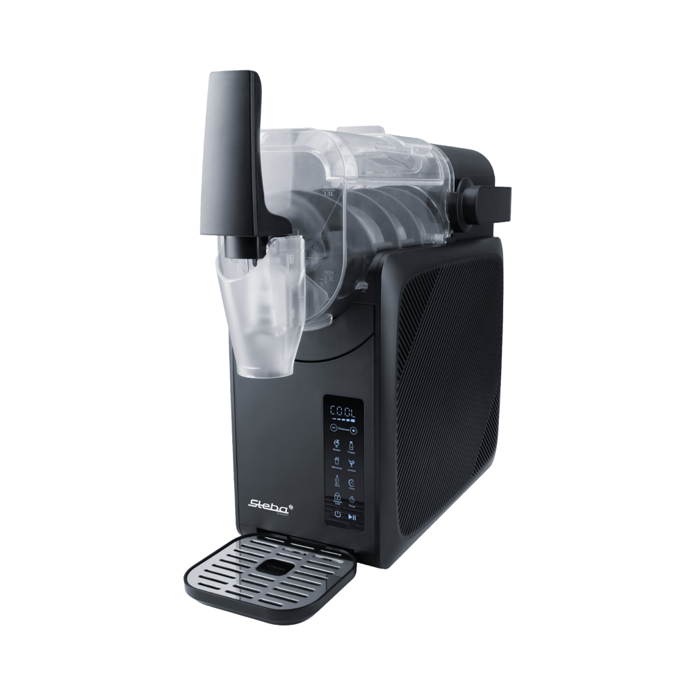 aparat pentru preparat slush/ bauturi, steba germany, capacitate 1.5 l, 6 programe dedicate pentru bauturi reci, 5 texturi ajustabile, timer 24 h, display LCD touchscreen, curatare automata, siguranta pentru copii, piese detasabile, usor de curatat, compact, negru