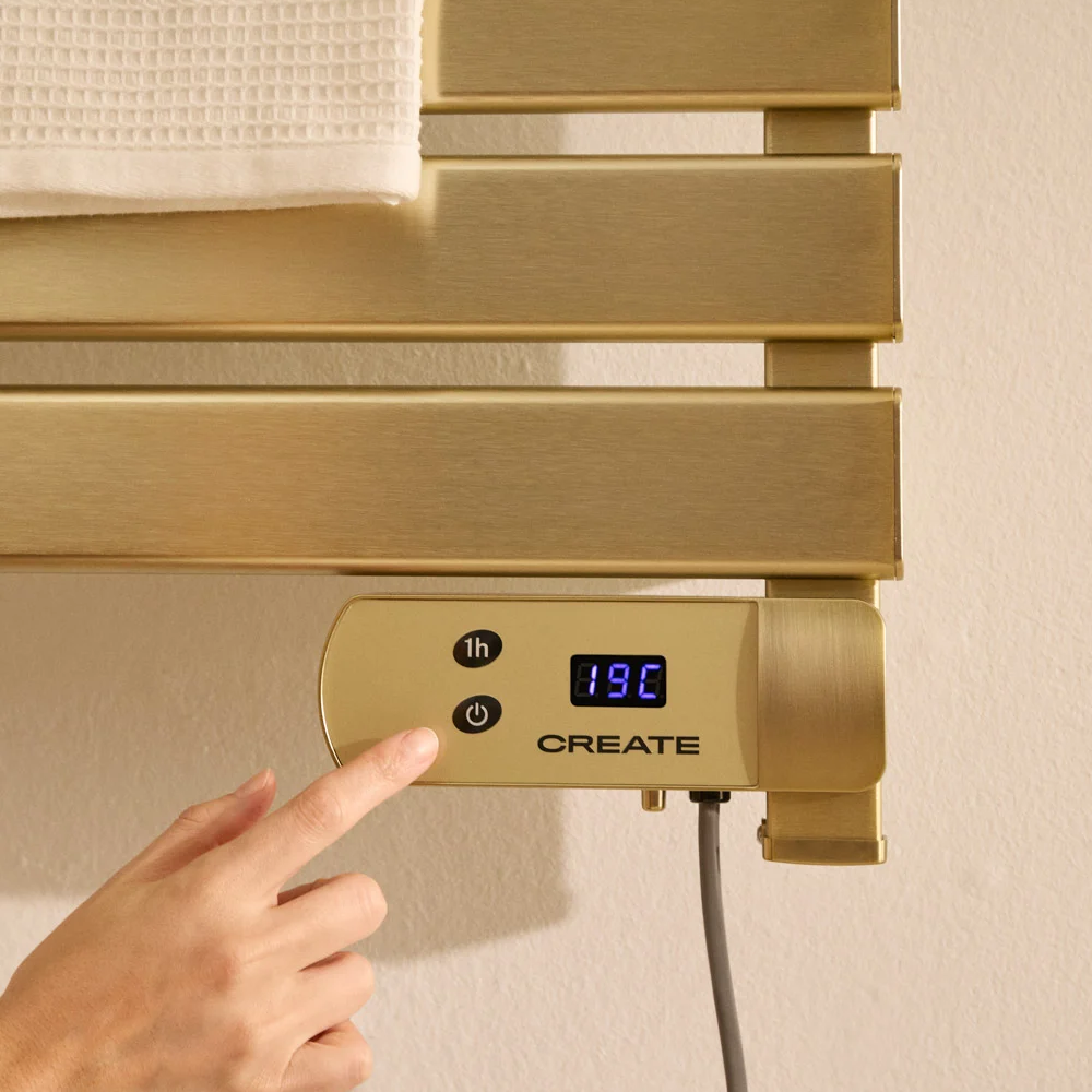 calorifer/radiator electric pentru baie create, warm towel, port-prosop, temperatura 40°C, panou de control digital, poate fi montat pe perete, timer 8 h, consum redus, picioare incluse, control temperatura