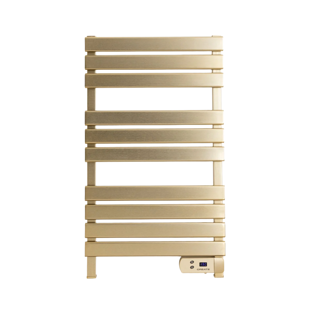 calorifer/radiator electric pentru baie create, warm towel, port-prosop, temperatura 40°C, panou de control digital, poate fi montat pe perete, timer 8 h, consum redus, picioare incluse, auriu
