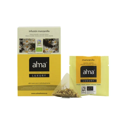 ceai bio plicuri, alma teas, musetel, 100% natural, surse sustenabile, efect relaxant, proprietati digestive, reduce disconfortul abdominal, imbunatateste somnul, gust echilibrat, 20 plicuri