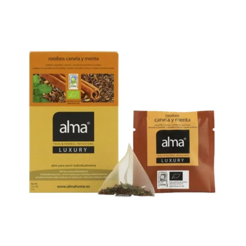 ceai bio rooibos plicuri, alma teas, scortisoara si menta, 100% natural, surse sustenabile, efect relaxant, proprietati digestive, reduce disconfortul abdominal, imbunatateste somnul, gust echilibrat, 20 plicuri
