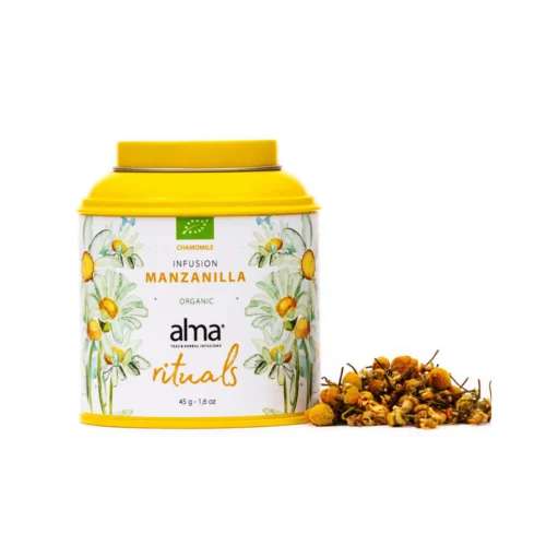 ceai de musetel bio, alma teas, infuzie, 100% natural, surse sustenabile, efect relaxant, proprietati digestive, reduce disconfortul abdominal, imbunatateste somnul, gust echilibrat, 45 g