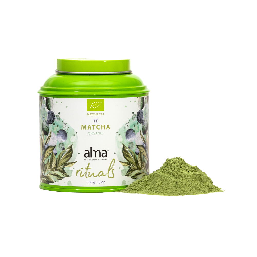 ceai matcha bio, alma teas, 100% natural, surse sustenabile, efect stimulant, proprietati antioxidante, pentru claritate mentala si concentrare, accelereaza metabolismul, gust umami, ideal pentru stil de viata sanatos, 100 g