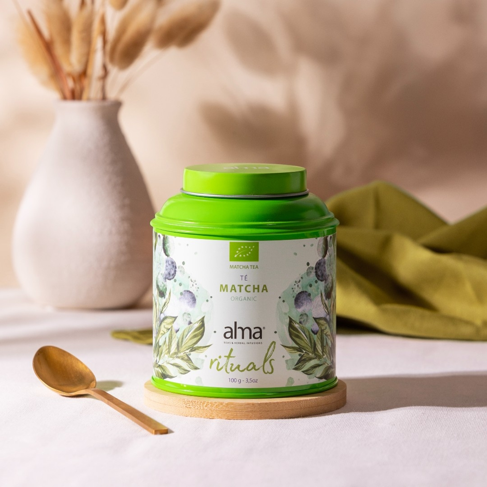 ceai matcha bio, alma teas, 100% natural, surse sustenabile, efect stimulant, proprietati antioxidante, pentru claritate mentala si concentrare, accelereaza metabolismul, gust umami, ideal pentru stil de viata sanatos, 100 g, cutie prezentare