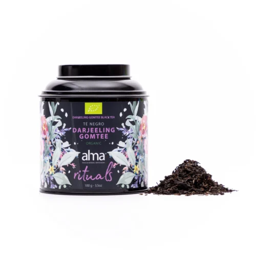 ceai negru bio, alma teas, darjeeling, cu cofeina, 100% natural, surse sustenabile, efect stimulant, proprietati antioxidante, previne semnele de imbatranire, versatil, aroma intensa, note florale si fructate, 100 g