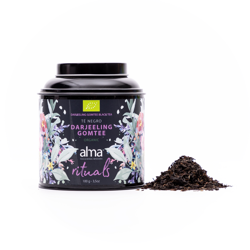 ceai negru bio, alma teas, darjeeling, cu cofeina, 100% natural, surse sustenabile, efect stimulant, proprietati antioxidante, previne semnele de imbatranire, versatil, aroma intensa, note florale si fructate, 100 g