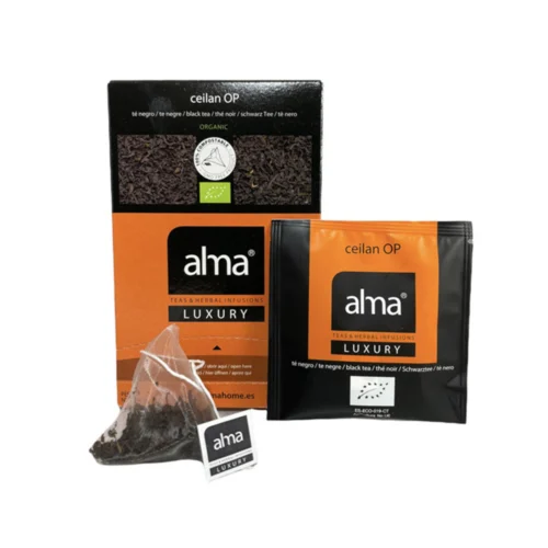 ceai negru bio plicuri, alma teas, ceylon,, cu cofeina, 100% natural, surse sustenabile, efect stimulant, proprietati antioxidante, savurat cald si rece, versatil, aroma intensa, note citrice , 20 plicuri, 40 g