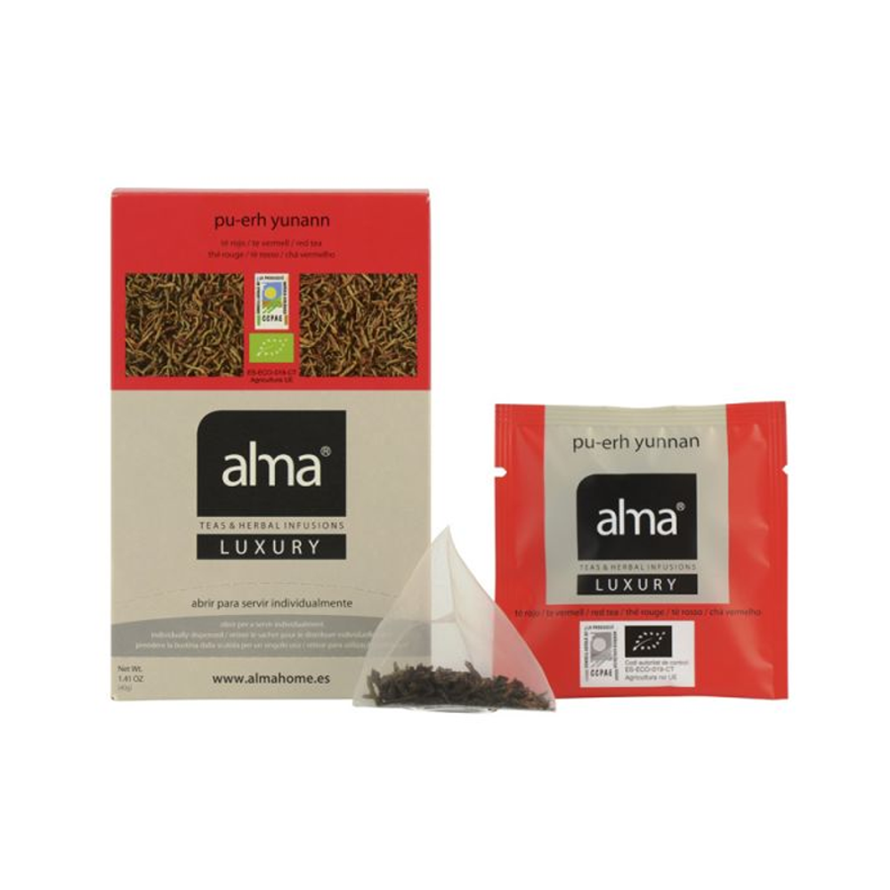 ceai rosu bio plicuri, alma teas, yunnan pu-erh, 100% natural, surse sustenabile, proprietati antioxidante, regleaza nivelul de colesterol, imbunatateste digestia, prorietati detoxifiere, 40 g