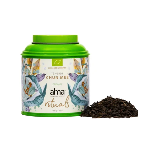 ceai verde bio, alma teas, chun mee, infuzie, 100% natural, surse sustenabile, efect relaxant, proprietati digestive, reduce disconfortul abdominal, imbunatateste somnul, gust echilibrat, 100 g