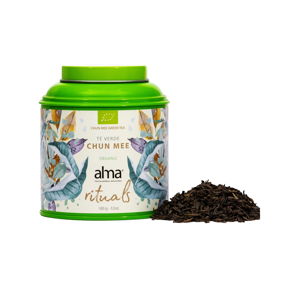 ceai verde bio, alma teas, chun mee, infuzie, 100% natural, surse sustenabile, efect relaxant, proprietati digestive, reduce disconfortul abdominal, imbunatateste somnul, gust echilibrat, 100 g