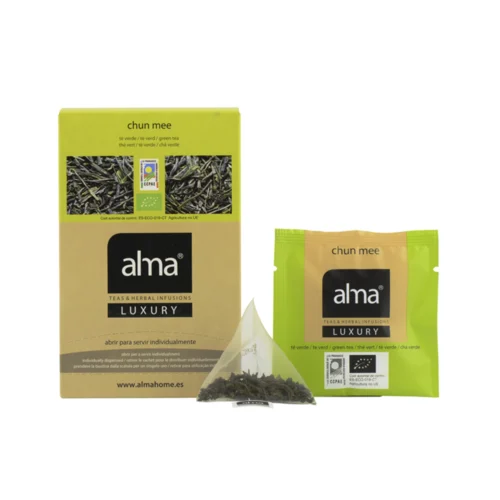 ceai verde bio plicuri, alma teas, chun mee, 100% natural, surse sustenabile, efect relaxant, proprietati digestive, reduce disconfortul abdominal, imbunatateste somnul, gust echilibrat, 20 plicuri, 40 g