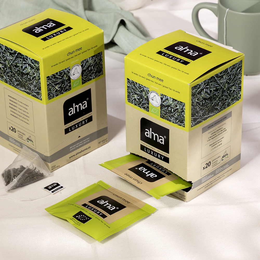 ceai verde bio plicuri, alma teas, chun mee, 100% natural, surse sustenabile, efect relaxant, proprietati digestive, reduce disconfortul abdominal, imbunatateste somnul, gust echilibrat, 20 plicuri, cutie prezentare
