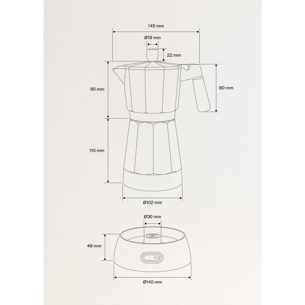 espressor moka electric create, capacitate rezervor apa 300 ml, portivit pentru pana la 6 cesti de cafea, timp pregatire 5 min, functie keep warm, bpa free, baza 360°, 480 W, dimensiuni produs