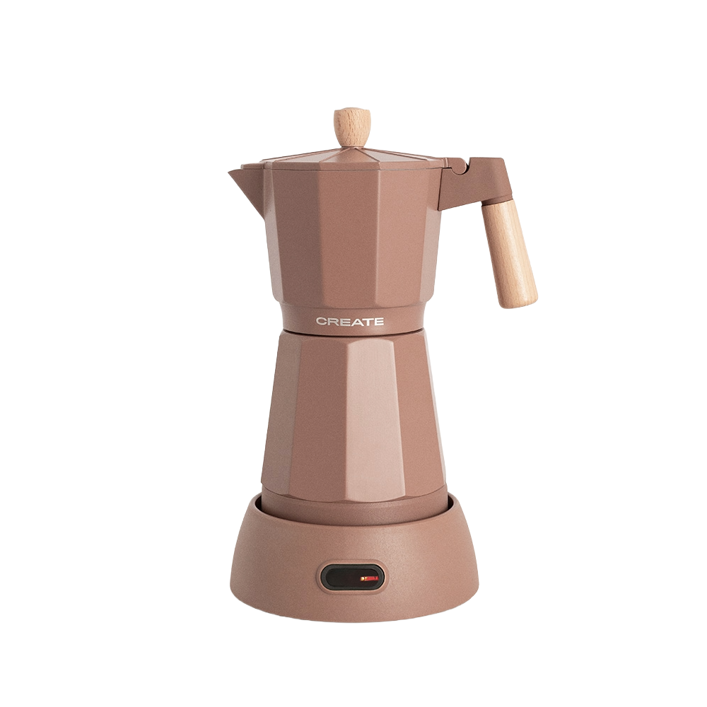 espressor moka electric create, capacitate rezervor apa 300 ml, portivit pentru pana la 6 cesti de cafea, timp pregatire 5 min, functie keep warm, bpa free, baza 360°, 480 W, mocha
