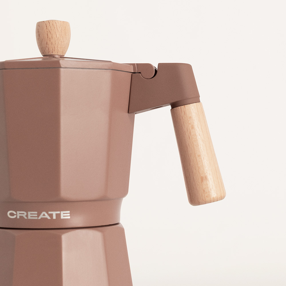 espressor moka electric create, capacitate rezervor apa 300 ml, portivit pentru pana la 6 cesti de cafea, timp pregatire 5 min, functie keep warm, bpa free, baza 360°, 480 W, accente lemn