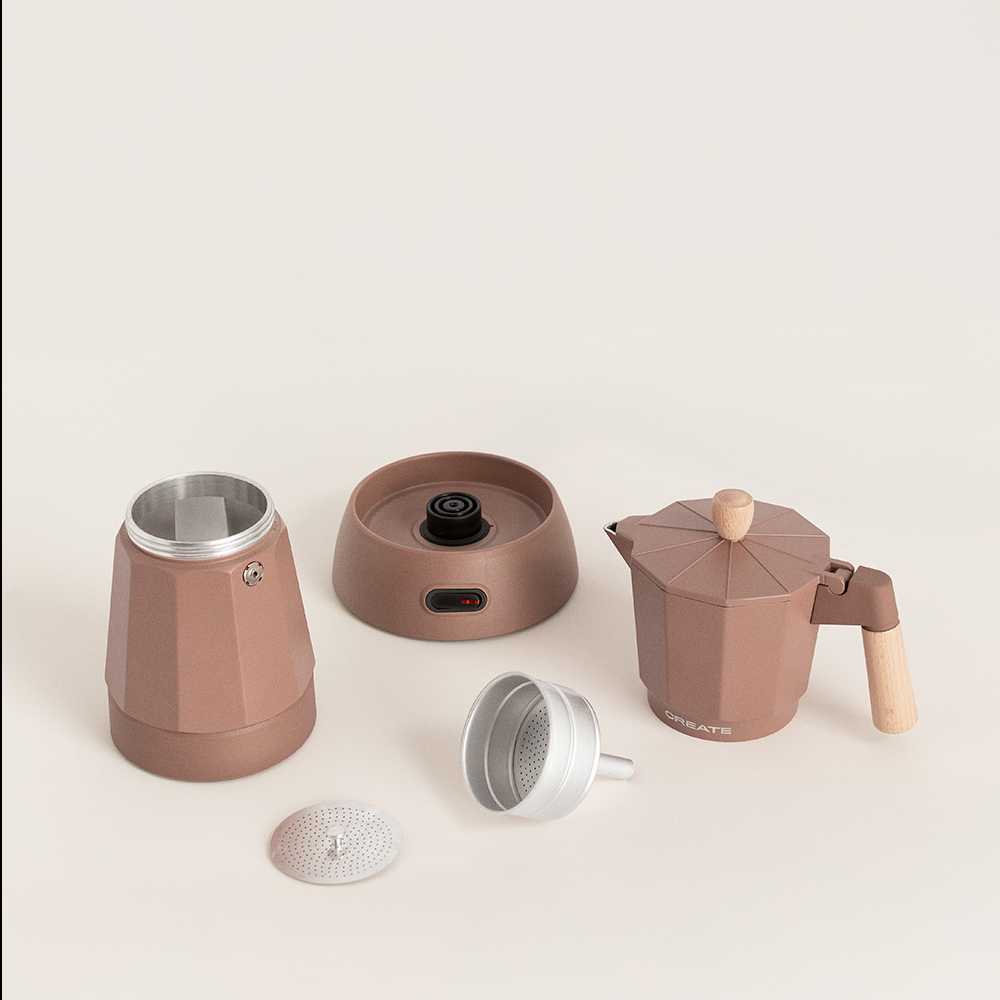 espressor moka electric create, capacitate rezervor apa 300 ml, portivit pentru pana la 6 cesti de cafea, timp pregatire 5 min, functie keep warm, bpa free, baza 360°, 480 W, piese individuale