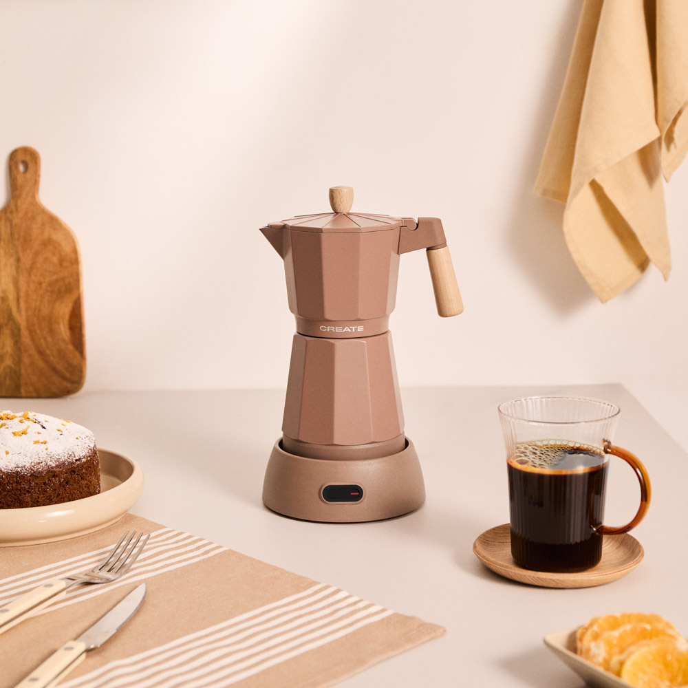 espressor moka electric create, capacitate rezervor apa 300 ml, portivit pentru pana la 6 cesti de cafea, timp pregatire 5 min, functie keep warm, bpa free, baza 360°, 480 W, pe masa