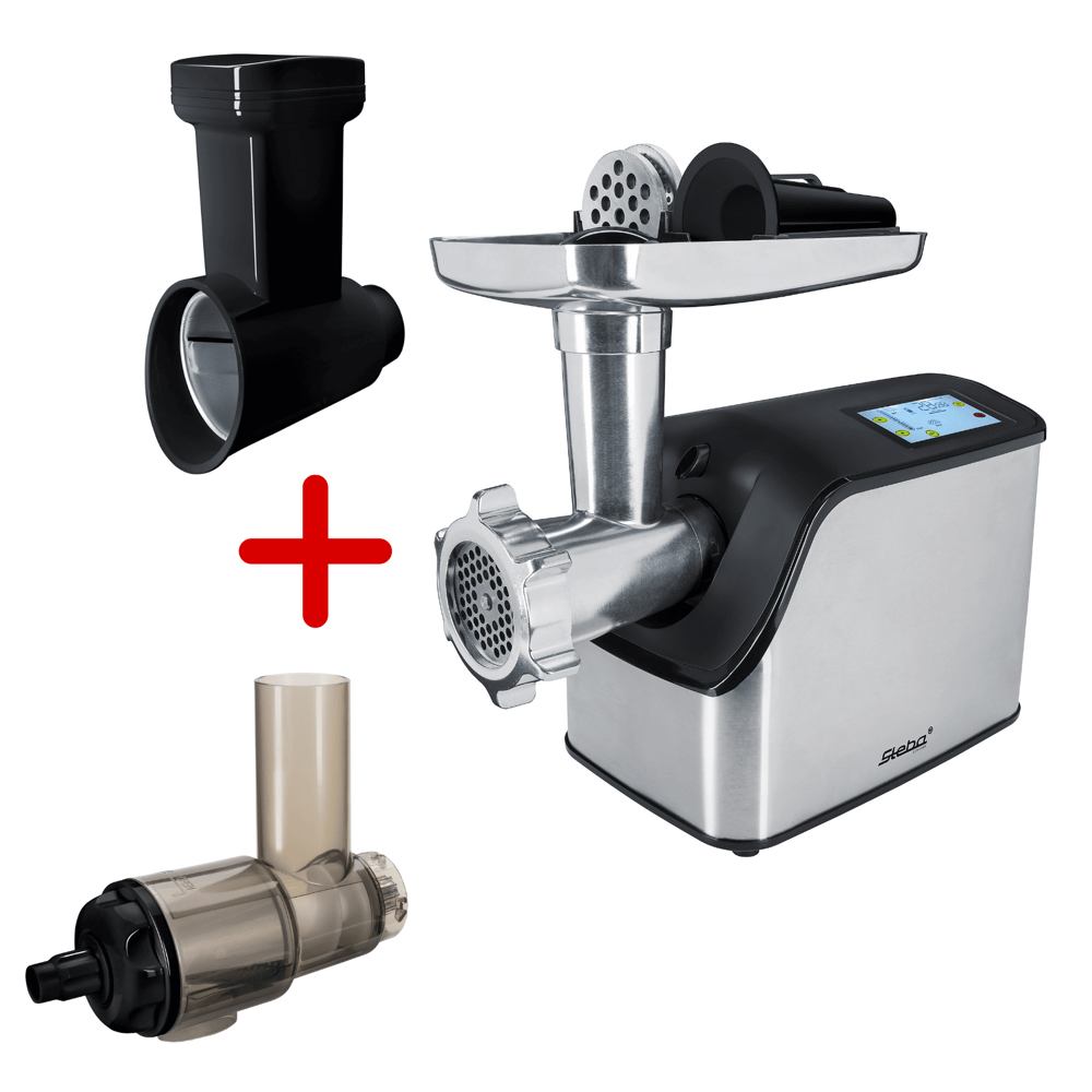 masina electrica de tocat carne 3in1 steba germany, include atasamente pentru slow juicer si razatoare multifunctionala, 6 programe prestabilite, 3 discuri perforate, display LCD iluminat, afisaj temperatura, lame din otel inoxidabil, functie reverse, compact, eficient, 700 W, inox