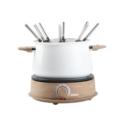 set fondue pentru 8 persoane, cu capacitate 1.4 litri, 8 furculite incluse, baza statie rotativa, termostat ajustabil, 1500 w, alb lemn
