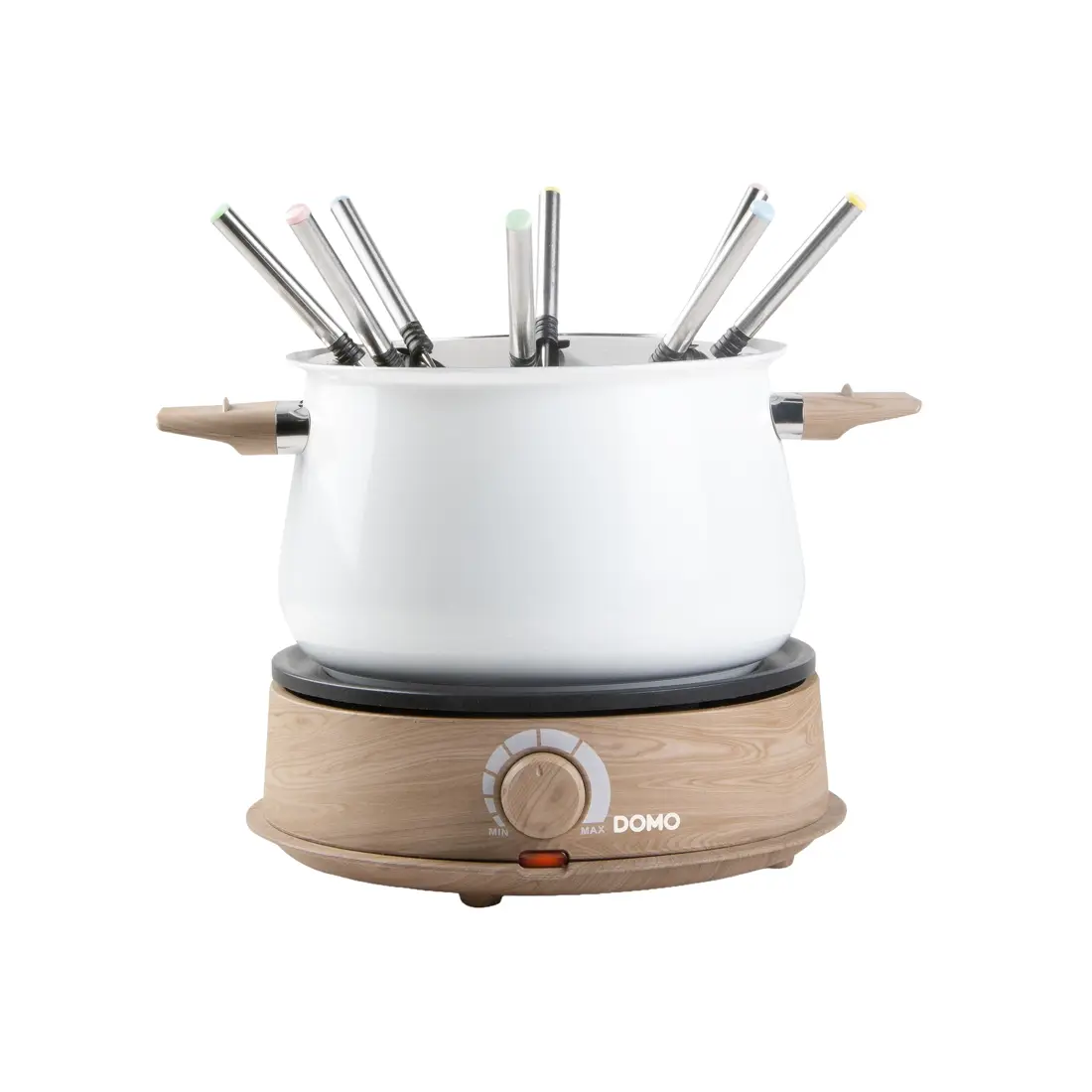 set fondue pentru 8 persoane, cu capacitate 1.4 litri, 8 furculite incluse, baza statie rotativa, termostat ajustabil, 1500 w, alb lemn