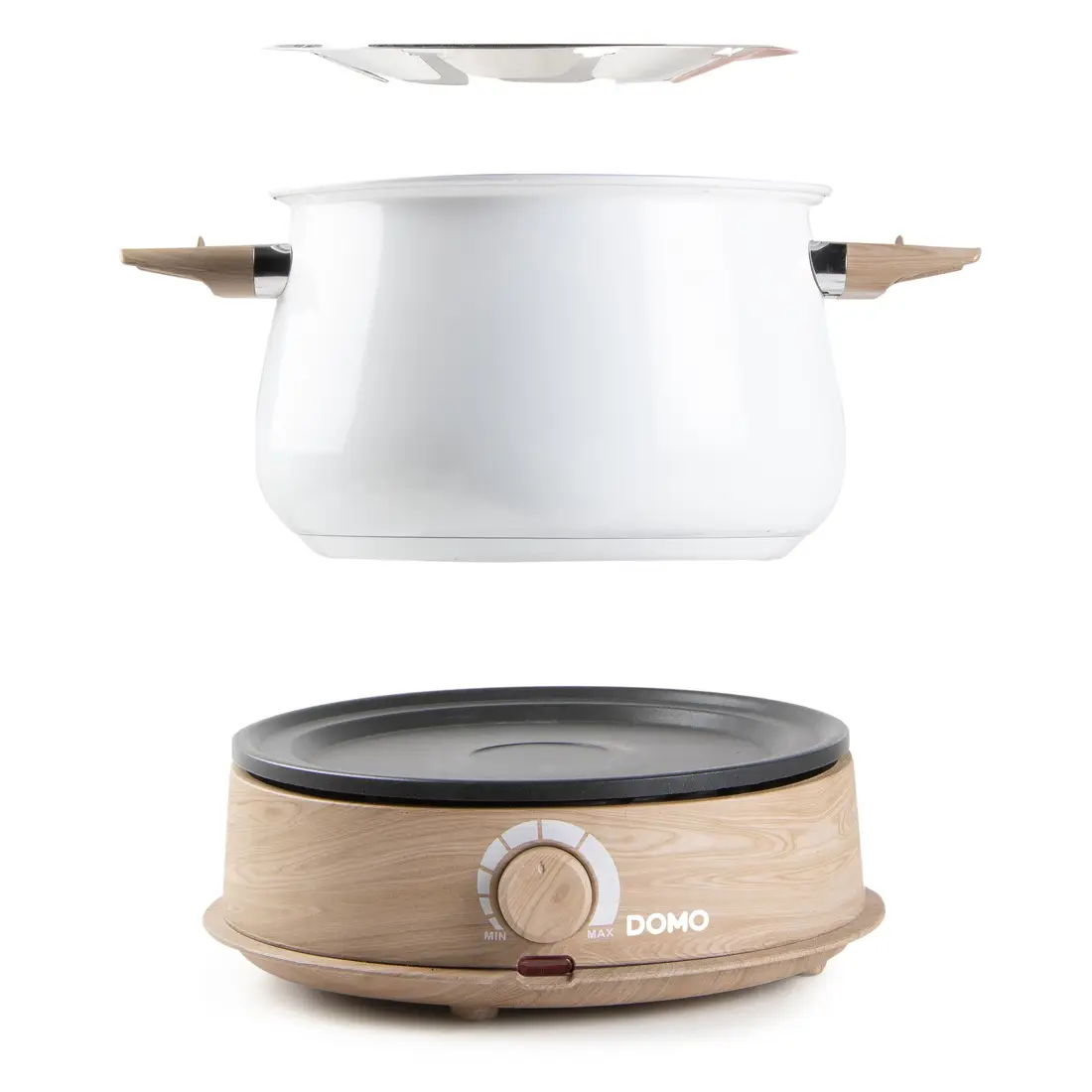 set fondue pentru 8 persoane, cu capacitate 1.4 litri, 8 furculite incluse, baza statie rotativa, termostat ajustabil, 1500 w, alb lemn