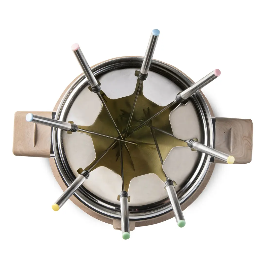 set fondue pentru 8 persoane, cu capacitate 1.4 litri, 8 furculite incluse, baza statie rotativa, termostat ajustabil, 1500 w, alb lemn