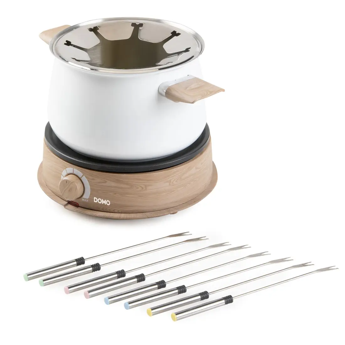 set fondue pentru 8 persoane, cu capacitate 1.4 litri, 8 furculite incluse, baza statie rotativa, termostat ajustabil, 1500 w, alb lemn