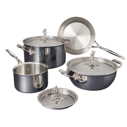 set vase se gatit din otel inoxidabil ruffoni x disney, colectie opus prima, 7 piese, include 3 capace, handmade in Italy, interior antiaderent, manere sculptate manual, compatibil cu plitele de gaz si electrice, inox