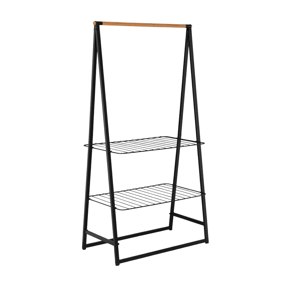 suport de umerase brabantia, linn, h 190, 2 rafturi cu inaltime ajustabila, strcutura din otel si lemn de bambus, picioare ajustabile cu strat antiaderent, design practic si elegant, negru