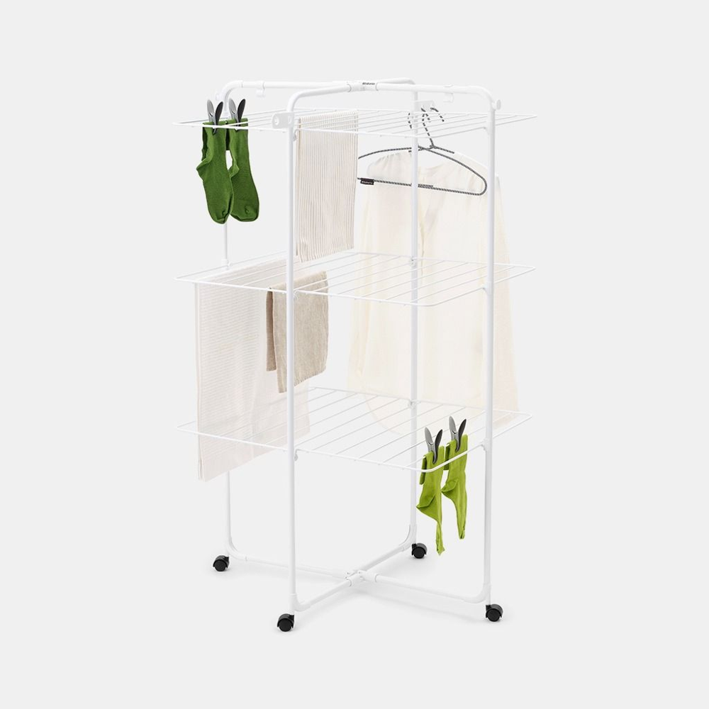 uscator de rufe mobil brabantia, hangon tower, 126 x 76 cm, pliabil, 3 niveluri, sistem easy-open, structura din otel, portabil, lungime tije 23 metri, roti incluse, design practic si elegant, rufe puse la uscat