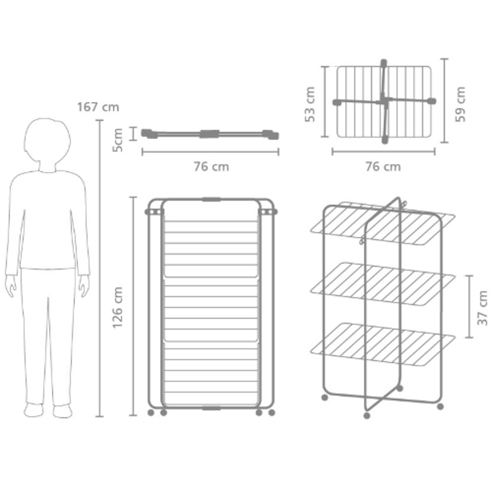 uscator de rufe mobil brabantia, hangon tower, 126 x 76 cm, pliabil, 3 niveluri, sistem easy-open, structura din otel, portabil, lungime tije 23 metri, roti incluse, design practic si elegant, dimensiuni pliere si desfacere