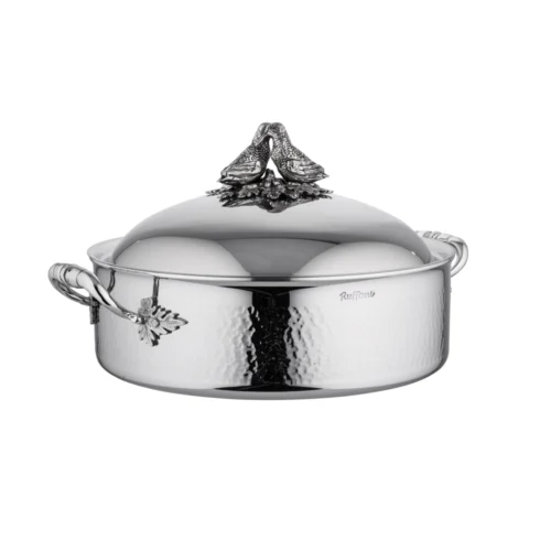 vas de gatit cu capac ruffoni, colectia opus prima, editia lovebirds, 30 cm diametru, handmade in italy, material otel inoxidabil, manere sculptate manual, agatatoare integrata, compatibila cu plitele pe gaz, electrice si inductie, rezista pana la 260 grade celsius, inox