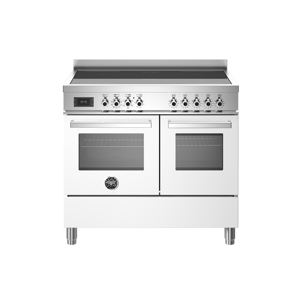Aragaz cu plita pe inductie Bertazzoni, colectie Professional, latime 100 cm, 5 zone, 2 cuptoare electrice 123 l, temperatura reglabila max. 250°C, 11 functii de gatit, convectie, iluminare interioara, termometru integrat, sticla triplustratificata, alb