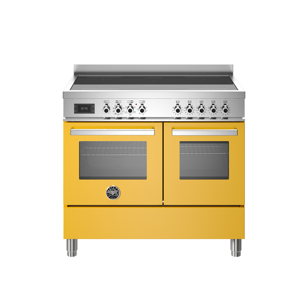 Aragaz cu plita pe inductie Bertazzoni, colectie Professional, latime 100 cm, 5 zone, 2 cuptoare electrice 123 l, temperatura reglabila max. 250°C, 11 functii de gatit, convectie, iluminare interioara, termometru integrat, sticla triplustratificata, galben