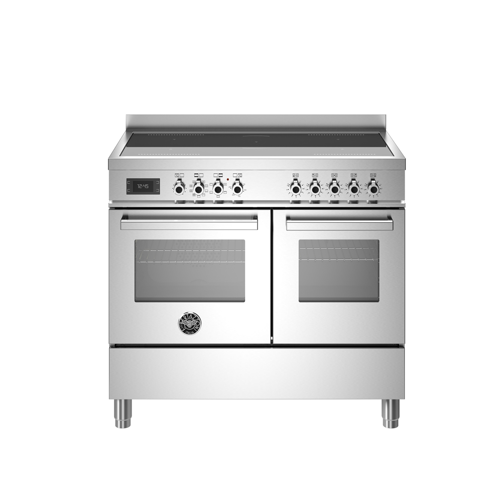 Aragaz cu plita pe inductie Bertazzoni, colectie Professional, latime 100 cm, 5 zone, 2 cuptoare electrice 123 l, temperatura reglabila max. 250°C, 11 functii de gatit, convectie, iluminare interioara, termometru integrat, sticla triplustratificata, inox