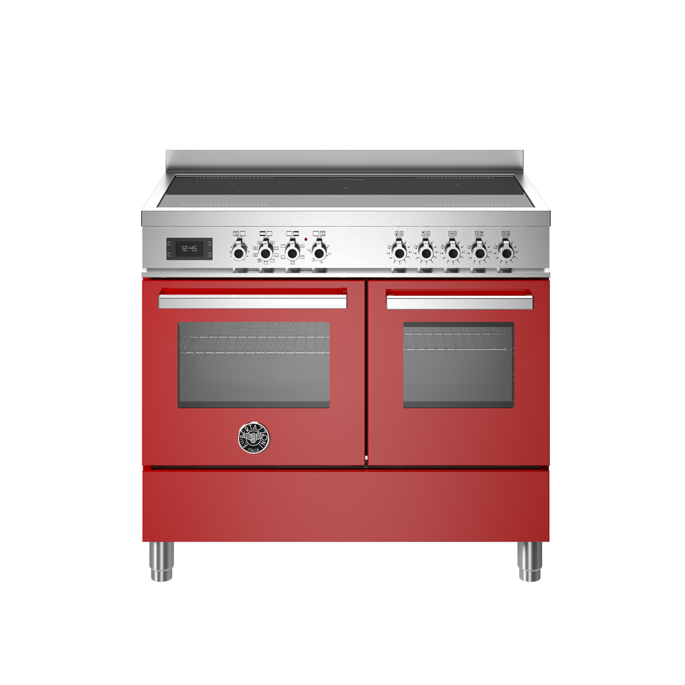 Aragaz cu plita pe inductie Bertazzoni, colectie Professional, latime 100 cm, 5 zone, 2 cuptoare electrice 123 l, temperatura reglabila max. 250°C, 11 functii de gatit, convectie, iluminare interioara, termometru integrat, sticla triplustratificata, rosu